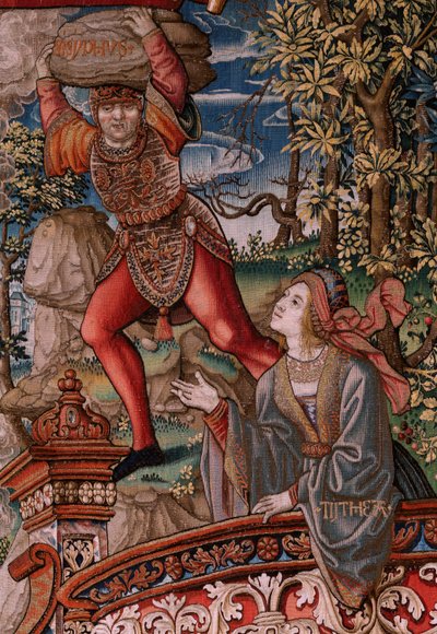 tapeçaria flamenga. Série As Honras. Justiça (La Justicia, Los Honores). Nona tapeçaria da série. Cartunistas modelo do círculo de Bernard van Orley e Jan Gossaert (Mabuse). Fabricação Pieter van Aelst, Bruxelas. Ca 1550. Tecido Ouro, prata, de Bernard van Orley