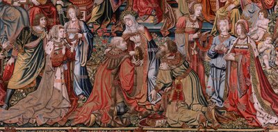 tapeçaria flamenga. Série As Honras. Justiça (La Justicia, Los Honores). Nona tapeçaria da série. Cartunistas modelo do círculo de Bernard van Orley e Jan Gossaert (Mabuse). Fabricação Pieter van Aelst, Bruxelas. Ca 1550. Tecido Ouro, prata, de Bernard van Orley