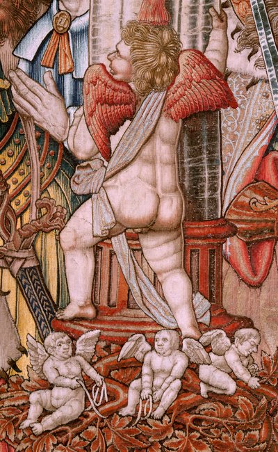 tapeçaria flamenga. Série As Honras; Nobreza (La Nobleza). Quarta tapeçaria da série. Cartunistas modelo do círculo de Bernard van Orley e Jan Gossaert (Mabuse). Fabricação Pieter van Aelst, Bruxelas. Ca 1550. Tecido Ouro, prata, seda e corte de Bernard van Orley