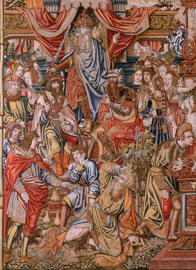 tapeçaria flamenga. Série As Honras; Nobreza (La Nobleza). Quarta tapeçaria da série. Cartunistas modelo do círculo de Bernard van Orley e Jan Gossaert (Mabuse). Fabricação Pieter van Aelst, Bruxelas. Ca 1550. Tecido Ouro, prata, seda e corte de Bernard van Orley