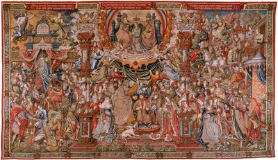 Tapeçaria flamenga. Série As Honras; Nobreza (La Nobleza). A quarta tapeçaria da série. Modelos cartoonistas do círculo de Bernard van Orley e Jan Gossaert (Mabuse). Fabrico Pieter van Aelst, Bruxelas. Ca 1550. Tecido Ouro, prata, seda e woo de Bernard van Orley