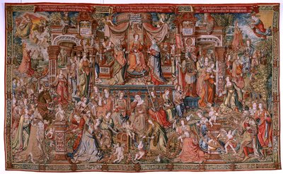 tapeçaria flamenga. Série As Honras; Prudência (La Prudencia). Sétima tapeçaria da série. Cartunistas modelo do círculo de Bernard van Orley e Jan Gossaert (Mabuse). Fabricação Pieter van Aelst, Bruxelas. Ca 1550. Tecido Ouro, prata, seda e w de Bernard van Orley