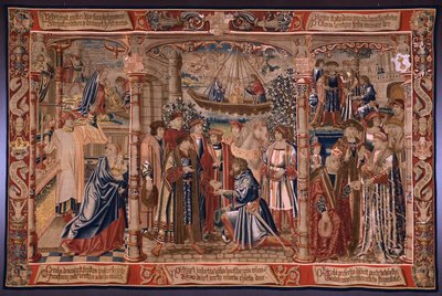 tapeçaria flamenga. Série A Lenda da Madona do Sablon (A Lenda de Nossa Senhora do Sablon). A estátua da Madonna chega à igreja de Sablon (A estátua de Nossa Senhora é levada à igreja do Sablon, La Estatua de de Bernard van Orley