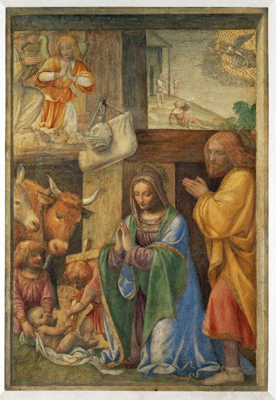 O nascimento de Jesus e o anúncio aos pastores. - A natividade e ... de Bernardino (attr. to) Luini