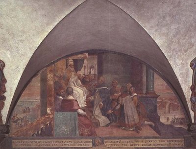 Santo Antônio se apresenta ao Papa Eugênio III como Embaixador, lunette (afresco) de Bernardino Barbatelli Poccetti