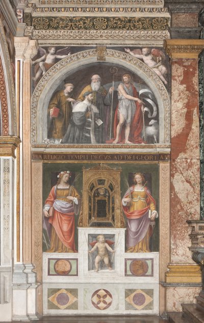 Alessandro Bentivoglio com santos e abaixo de Santa Rosa e Santa Justina (afresco) (detalhe de 3497192) de Bernardino Luini
