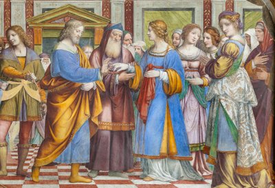 Detalhe do casamento da Virgem Maria (fresco) de Bernardino Luini