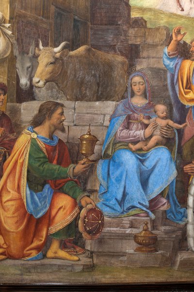 Detalhe da Adoração dos Três Reis Magos, Presbitério ou Capela Principal (fresco) de Bernardino Luini