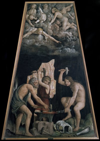 Armas divinas forjadas na Forja do Vulcão na frente de alguns anjos deitados nas nuvens, Detalhe (Fresco de Bernardino Luini