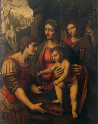 Madonna e o filho com São Jorge e um anjo (óleo no painel) de Bernardino Luini