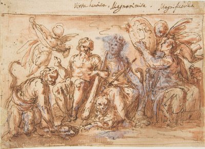 Figuras alegóricas: Força, Hércules estrangulando a Hidra, Abundância e Fama, 1600-1650. de Bernardino Rodriguez