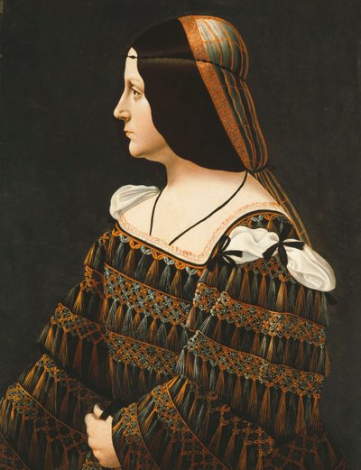 Retrato de uma senhora, de meio comprimento, de perfil, em um vestido preto decorado com rendas, com borlas pendentes e ombros cortados e uma armação laranja e cinza, de Bernardino de Conti