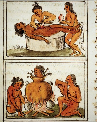 O sacrifício humano e o canibalismo dos astecas. Manuscrito de Bernardino Sahagun de Bernardino de Sahagun