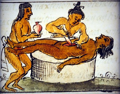 Sacrifício humano: sacrifício ritual entre os astecas. De um manuscrito de Bernardino de Sahagun de Bernardino de Sahagun