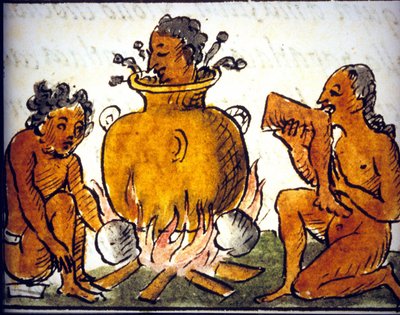 Canibalismo ritual entre os astecas. Manuscrito de Bernardino de Sahagun. Século XVII. Detalhe de COS00778. de Bernardino de Sahagun