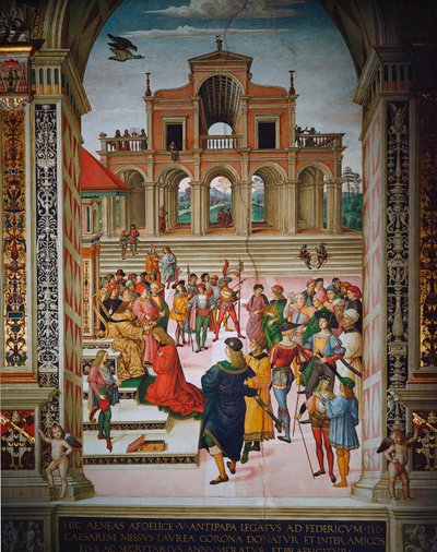 Enea Silvio coroada poeta pelo Imperador Frederic III, Siena, Duomo, Libreria Piccolomini de Bernardino di Betto Pinturicchio