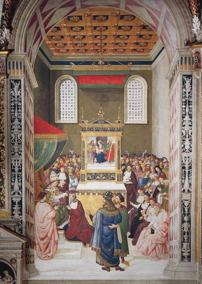 Itália, Siena, Catedral, Biblioteca Piccolomini, Enea Silvio Piccolomini recebendo o chapéu de cardeal de Calixtus III, detalhe de Histórias de Pio II de Bernardino di Betto Pinturicchio