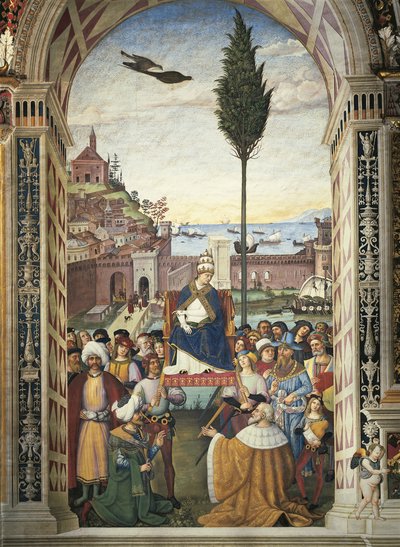 Itália, Siena, Catedral, Biblioteca Piccolomini, Histórias de Pio II: Pio II chega a Ancona para apressar a Cruzada de Bernardino di Betto Pinturicchio