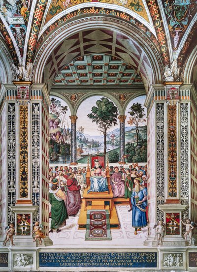 A Biblioteca Piccolomini, parede nordeste: “Aeneas Sylvius faz um discurso perante o rei James I da Escócia, inverno de 1435” de Bernardino di Betto Pinturicchio