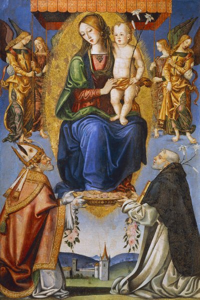 Madonna e Child com St Severino e Dominic (tempera sobre tela) de Bernardino di Mariotto