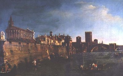 Vista de Verona com o Castello Vecchio e a Ponte Vecchio (óleo sobre tela) de Bernardo (manner of) Bellotto