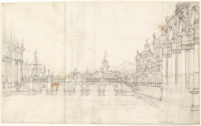Um capricho de palácios e uma galeria de frente para uma ponte clássica de Bernardo Bellotto