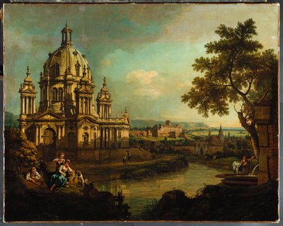 Um capricho com uma igreja abobadada e edifícios em Pirna, c.1765 de Bernardo Bellotto