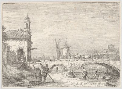 Capricho com uma ponte e um edifício de porta à maneira da Porta Portello de Pádua de Bernardo Bellotto
