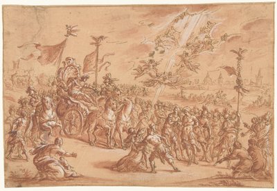 Um bispo santo ajoelha-se ao lado da procissão de um Imperador Romano de Bernardo Castello (attributed to)