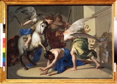 "A Expulsão de Heliodoro do Templo" Heliodoro (Heliodoros) é expulso do templo por ter tentado, a mando do seu governante, confiscar os tesouros do templo em Jerusalém. Pintura de Bernardo Cavallino de Bernardo Cavallino