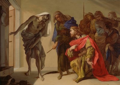 Saul e a bruxa de Endor. Por volta de 1650-56 de Bernardo Cavallino