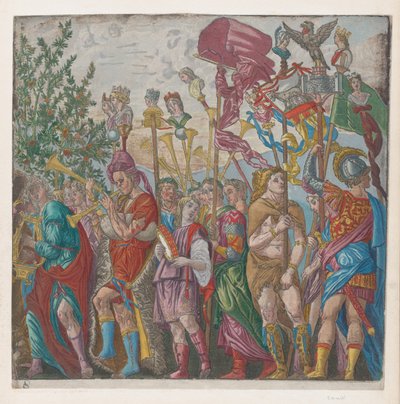 Folha 7: procissão de músicos e outros segurando estandartes, de O Triunfo de Júlio ..., 1599. de Bernardo Malpizzi