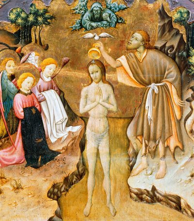 Batismo de Cristo, detalhe da predela de um retábulo da Catedral Vicentina, de Bernat Martorell (ca 1400-1452), pintado em madeira. Arte gótica catalã. de Bernardo Martorell