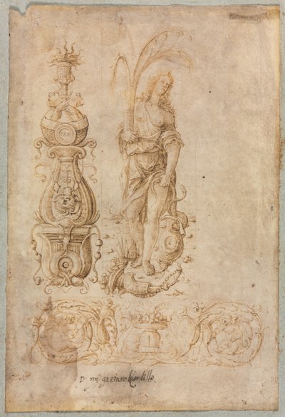Projeto para um candelabro, figura alegórica de abundância, projeto de relevo ornamental de Bernardo Parentino