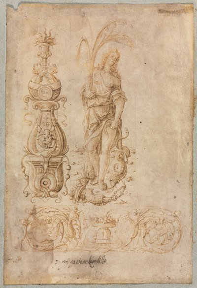 Design para um candelabro, figura alegórica de abundância, design ornamental em relevo, c. 1490s. de Bernardo Parentino