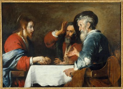 Cristo tem Emaús Cristo aparece aos peregrinos sentados à mesa em uma pousada em Emaús. Pintura de Bernardo Strozzi (1581-1644) 1640 Sol. 1,24x1,72 m Grenoble, Musee des Beaux Arts de Bernardo Strozzi