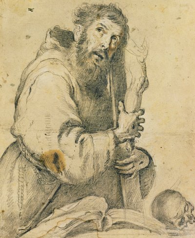 São Francisco segurando um crucifixo nos braços; São François, segurando um crucifax nos braços, de Bernardo Strozzi