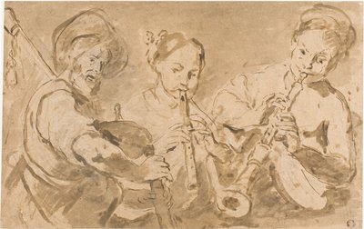 Três músicos a tocar trompa e gaita de foles de Bernardo Strozzi