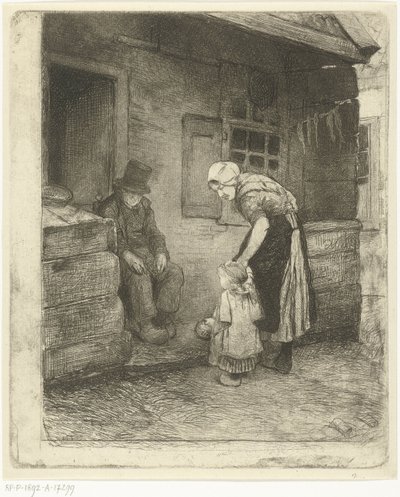 Mulher com criança pequena fica ao lado de um velho sentado em frente à casa do trabalhador de Bernardus Johannes Blommers