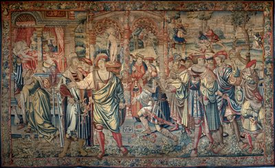 Ciclo de Édipo: Laios consulta o oráculo de Delfos - No centro, com a sua suite, ajoelha-se à entrada do templo - À esquerda, numa cama de dossel, Jocaste é rodeado pelas senhoras da sua corte que lhe ensinam o desaparecimento do seu novo ne - de Bernart van (attr. to) Orley
