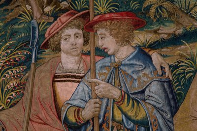 Tapeçaria flamenga. Série A Fundação de Roma: Faustulus encontra Romulus e Remus. Cartoonista Barend van Orley (?). Fabrico em Bruxelas. 1525-1530. Detalhe. de Bernart van (attr. to) Orley