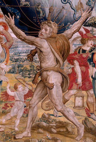 tapeçaria flamenga. Série As Esferas. Hércules sustentando a esfera celeste (Hércules sostiene la esfera celeste). Primeira tapeçaria da série. Modelo Barend van Orley ou Pieter Coecke van Aelst. 1525-1530. Manufatura Joris Vezeleer (Georg Wezeler)?, de Bernart van (attr. to) Orley