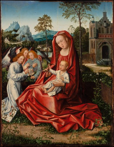 Virgem e Menino com Anjos, c.1530-1550 (óleo sobre painel) de Bernart van (follower of) Orley