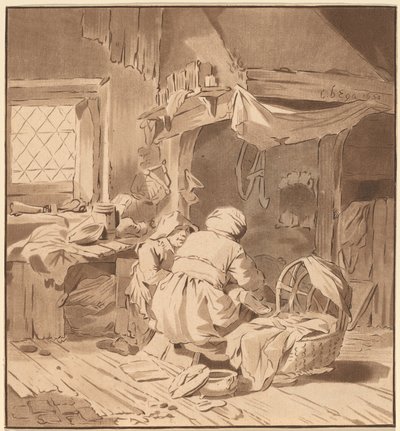 Interior de uma casa camponesa com duas mulheres, 1772, publicado em 1787. de Bernhard Schreuder