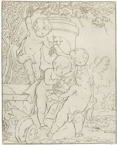 Quatro putti a colher uvas junto a um vaso de Bernhard Schreuder