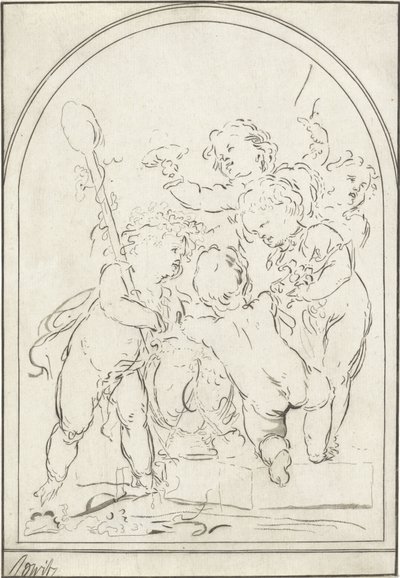 Cinco putti junto a um vaso com videira de Bernhard Schreuder