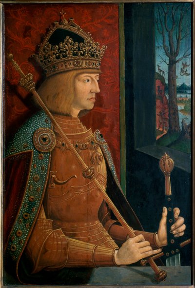 Imperador Maximiliano I, com coroa, ceptro e espada de Bernhard Strigel