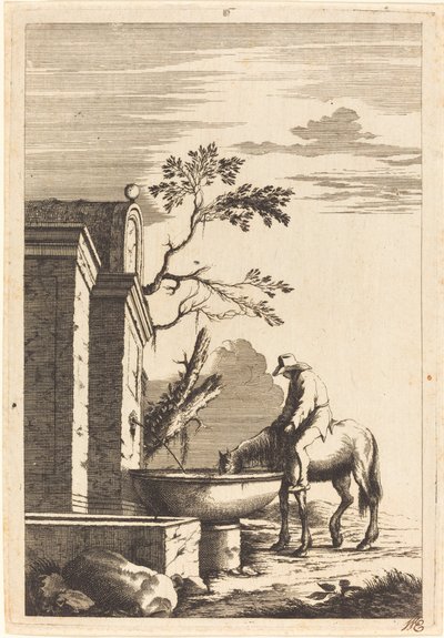 Cavalo e cavaleiro em uma fonte de Bernhard Zaech after Jonas Umbach