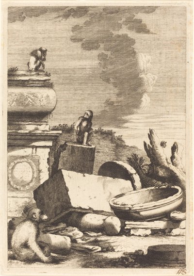 Ruínas com macacos e uma coruja de Bernhard Zaech after Jonas Umbach