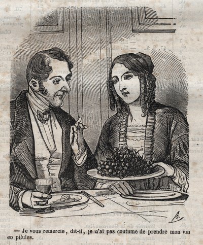Obrigado, não estou habituado a tomar o meu vinho em comprimidos (uva) - gravura em "La Physiologie du gout" de Jean Anthelme Brillat Savarin (Brillat-Savarin de Bertall